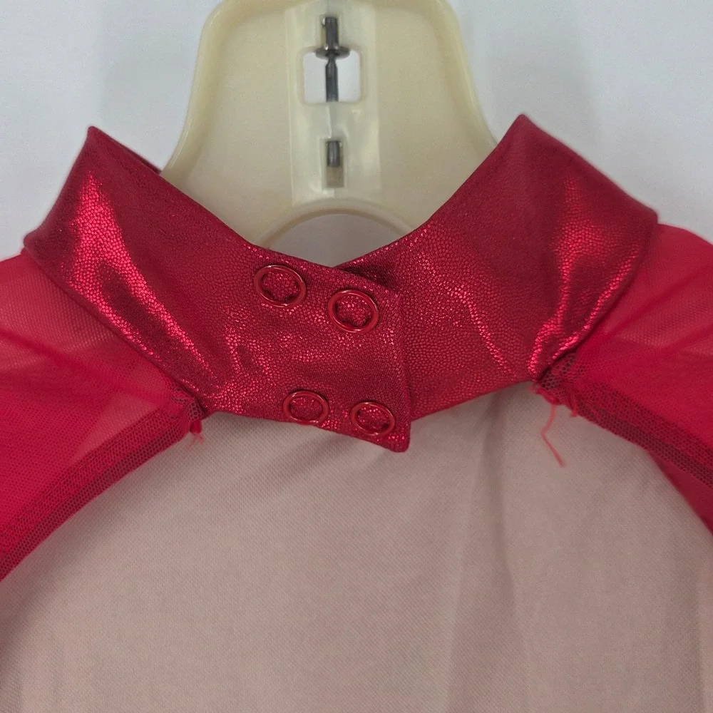 Balera Red Sequin Dance Leotard Dress Long Mesh Sleeve Mock Neck LC Kids